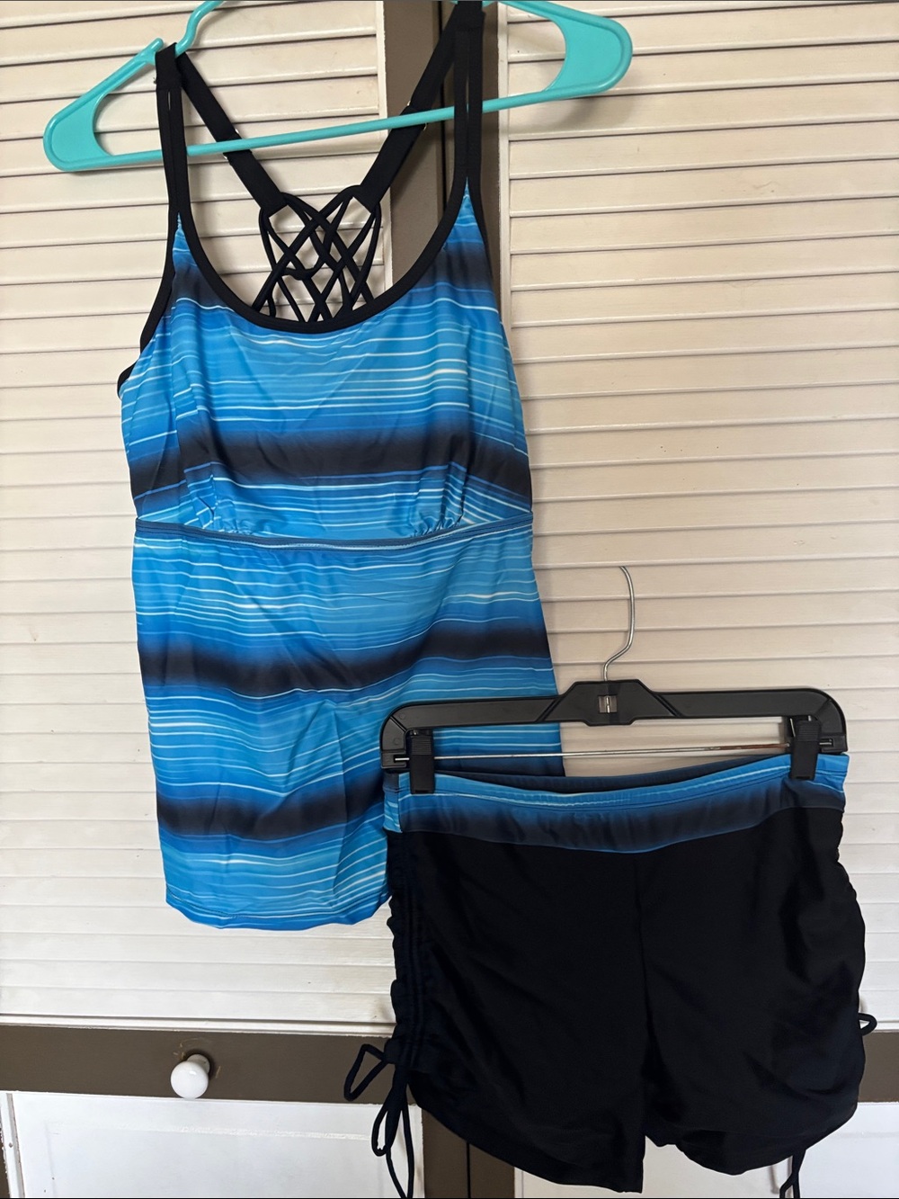Blue Stripe Women’s Tankini Swim Top & Black Swim Shorts Set